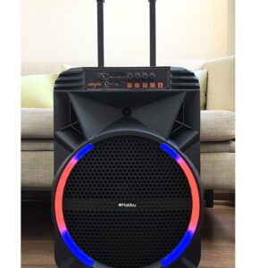 Parlante MALIBU 2*10 Pulgadas. 100W. 6000 mah Parlante tipo valija con Ruedas incluidas Bluetooth. Radio FM. Compatibilidad AUX/USB/TF Equalizador Tamaño: 40*28*57 cm Luces LED dinámicas. Entrada para micrófono. Incluye 1 control remoto (no incluye pila) Micrófono inalambrico incorporado. (Usa bateria recargable tipo CCable incluido) Peso: 4,80 kgs